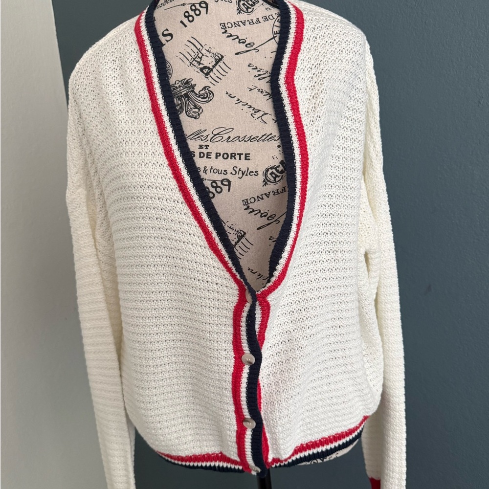 Francesca's Collections White Cardigan with Red and Blue Accents